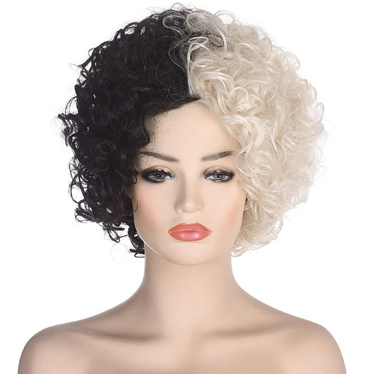 AMZCOS Black and Blonde Wig for Womens Cosplay Costume Short Curly Fluffy Synthetic Wigs for Halloween Party