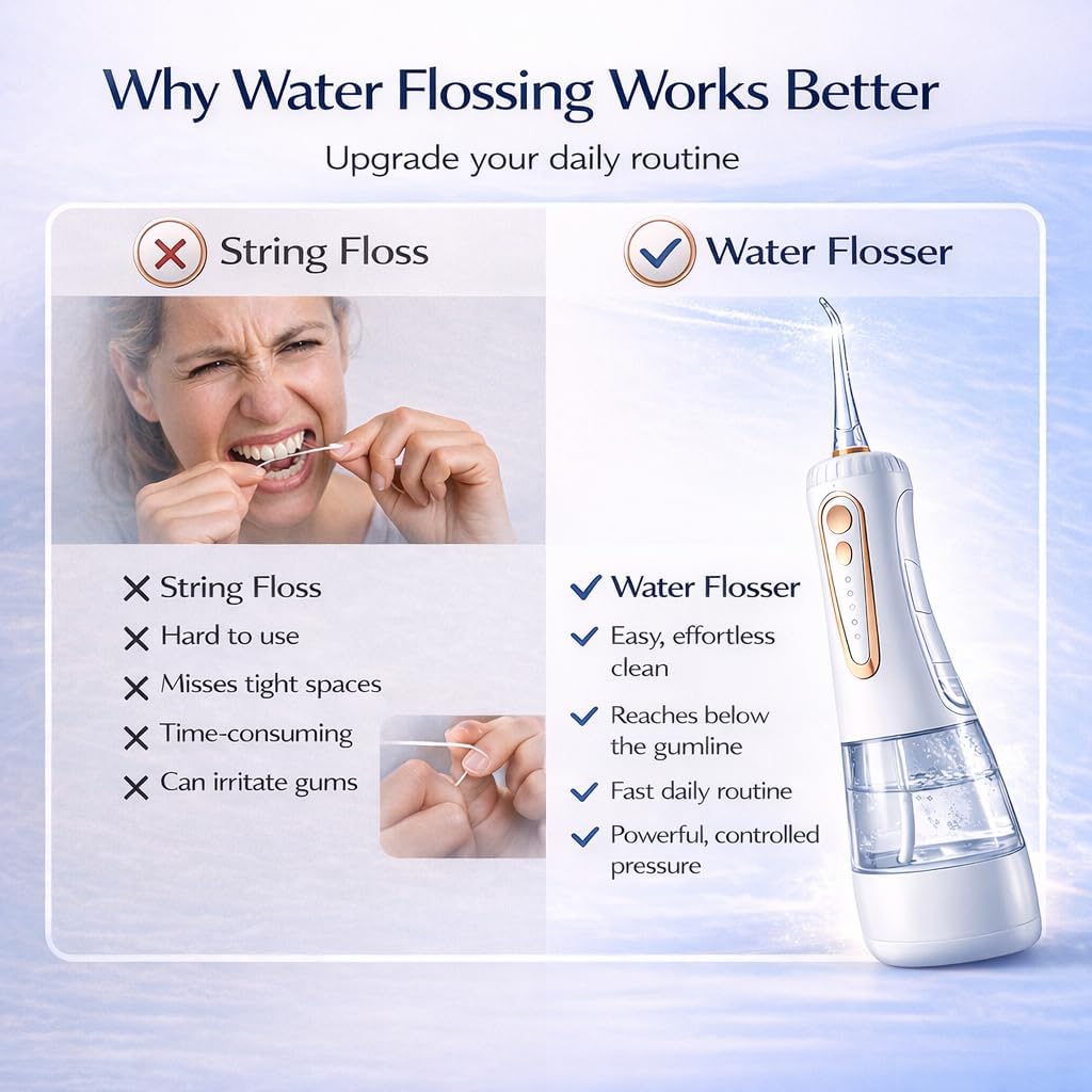 SparkLux Cordless Water Flosser - Portable Oral Irrigator with 5 Pressure Modes, 340ml Tank, USB-C Rechargeable, Waterproof | Ideal for Braces & Gum Care (White/Rose Gold)