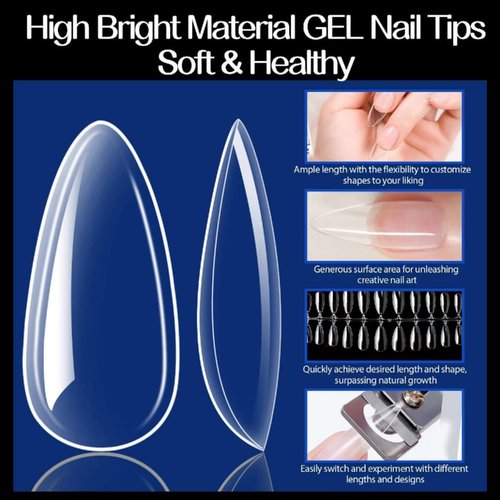 UNA GELLA Almond Fake Gel Nail Tips, 216pcs Medium Almond Pre Shaped Nails Tips for Long-Lasting Acrylic Nails, Perfect for DIY At Home French Style Nail Salon 12 Sizes