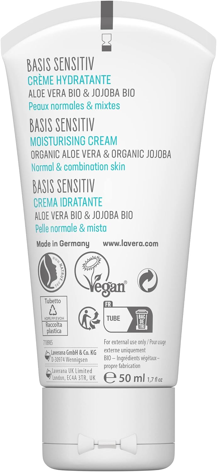 Lavera Basis Sensitive Moisturizing Cream - Organic Vegan Face Moisturizer with Aloe Vera & Shea Butter - 1.69 Fl Oz