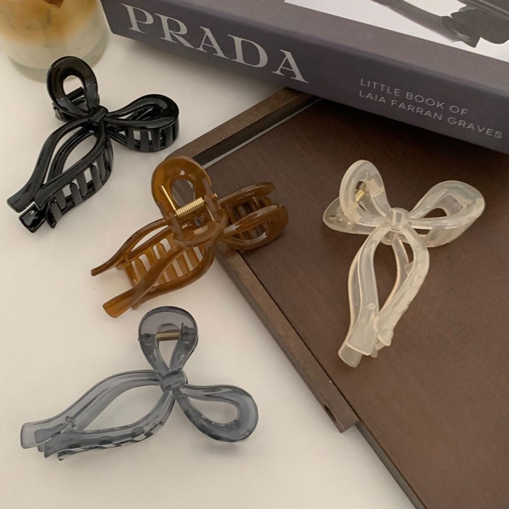 papasgix Bow Hair Accessories for Women: Large Claw Clips for Thick Hair, Hair Bow Clips (4 Pack: White, Khaki, Gray, Black)