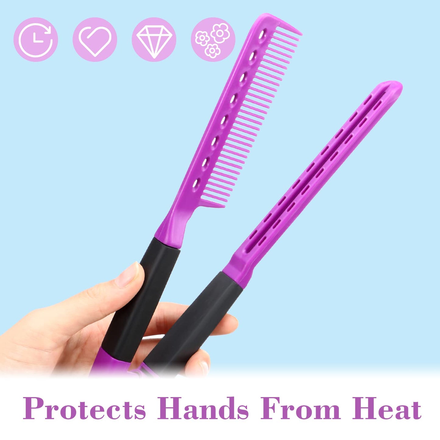 Chengu 2 Pcs Boar Bristles Double Sided Brush and Flat Iron Comb for Hair Straightening and Styling Knotty Unkempt Hair (Black, Purple)