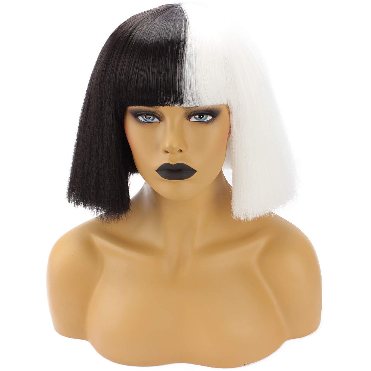 WeKen Halloween Wig Women Short Bob Kinky Straight Full Bangs Synthetic Black and White