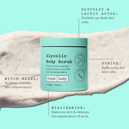 Frank Body Glycolic Acid Body Scrub - Reduces Acne & Tightens Pores | 8.82 oz | Soothing Witch Hazel