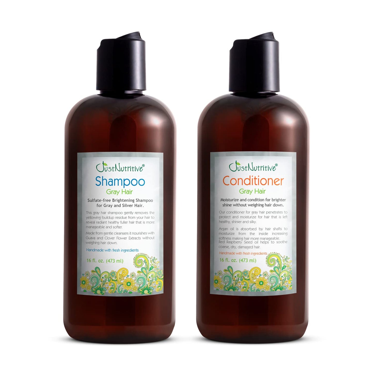 Just Nutritive Gray Hair Shampoo & Conditioner Set - Natural Care for Gray Hair | 16 oz Each