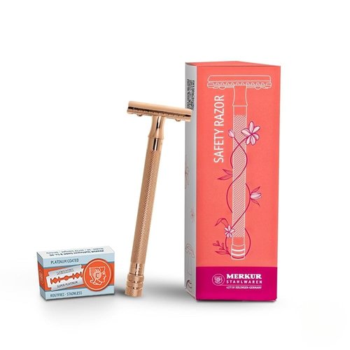 MERKUR 24G Safety Razor for Women - Extra Long Handle with 10 Double Edge Blades | Rose Gold Finish