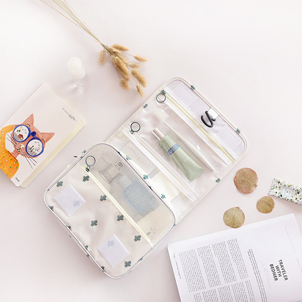 Mossio Hanging Toiletry Bag - Large Cosmetic Makeup Travel Organizer for Men & Women with Sturdy Hook (White Cactus)