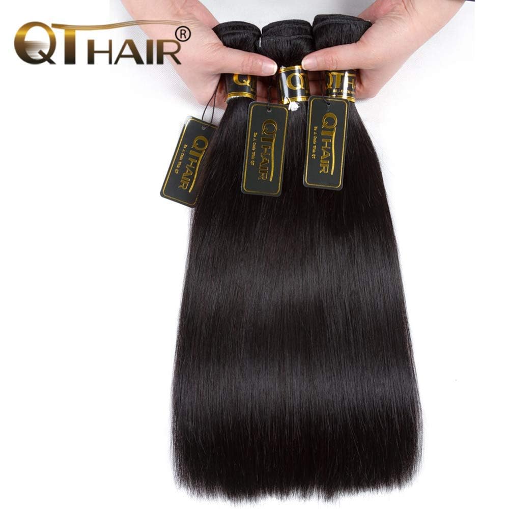 QTHAIR 14A Straight Human Hair Bundles(16 18 20,300g,Natural Black) 100% Unprocessed Human Hair Extensions Indian Straight Virgin Human Hair Bundles