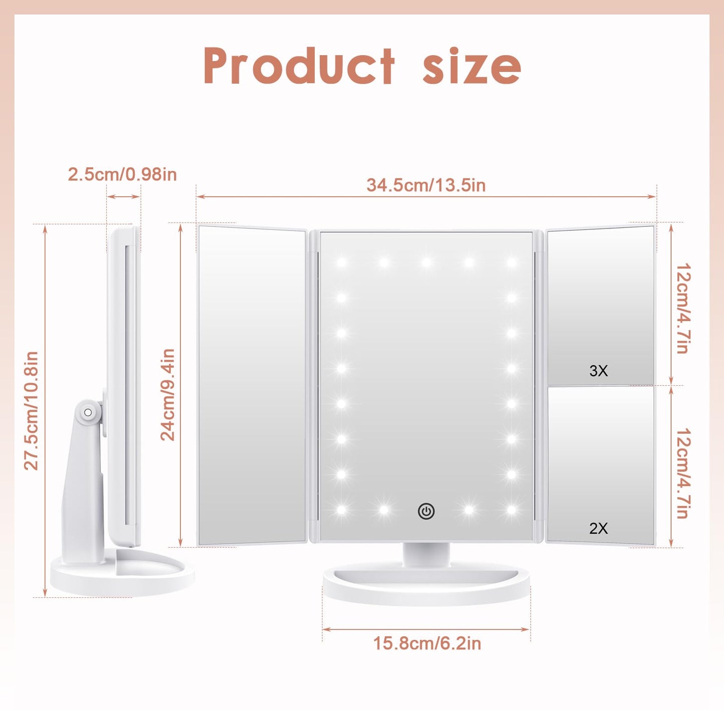 WEILY Makeup Vanity Mirror with 21 LED Lights and Touch Screen, Tri-Fold 1x 2X 3X Magnification,180° Adjustable Rotation and USB Powered,Countertop Cosmetic Mirror (White)