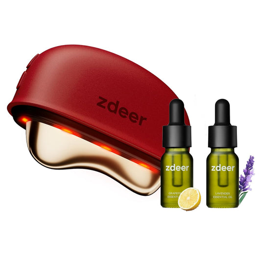 ZDEER Electric Gua Sha Facial Care Set - Heated Brass Face & Neck Massager with Red Light Therapy | Includes 2 × 10ml Massage Oils