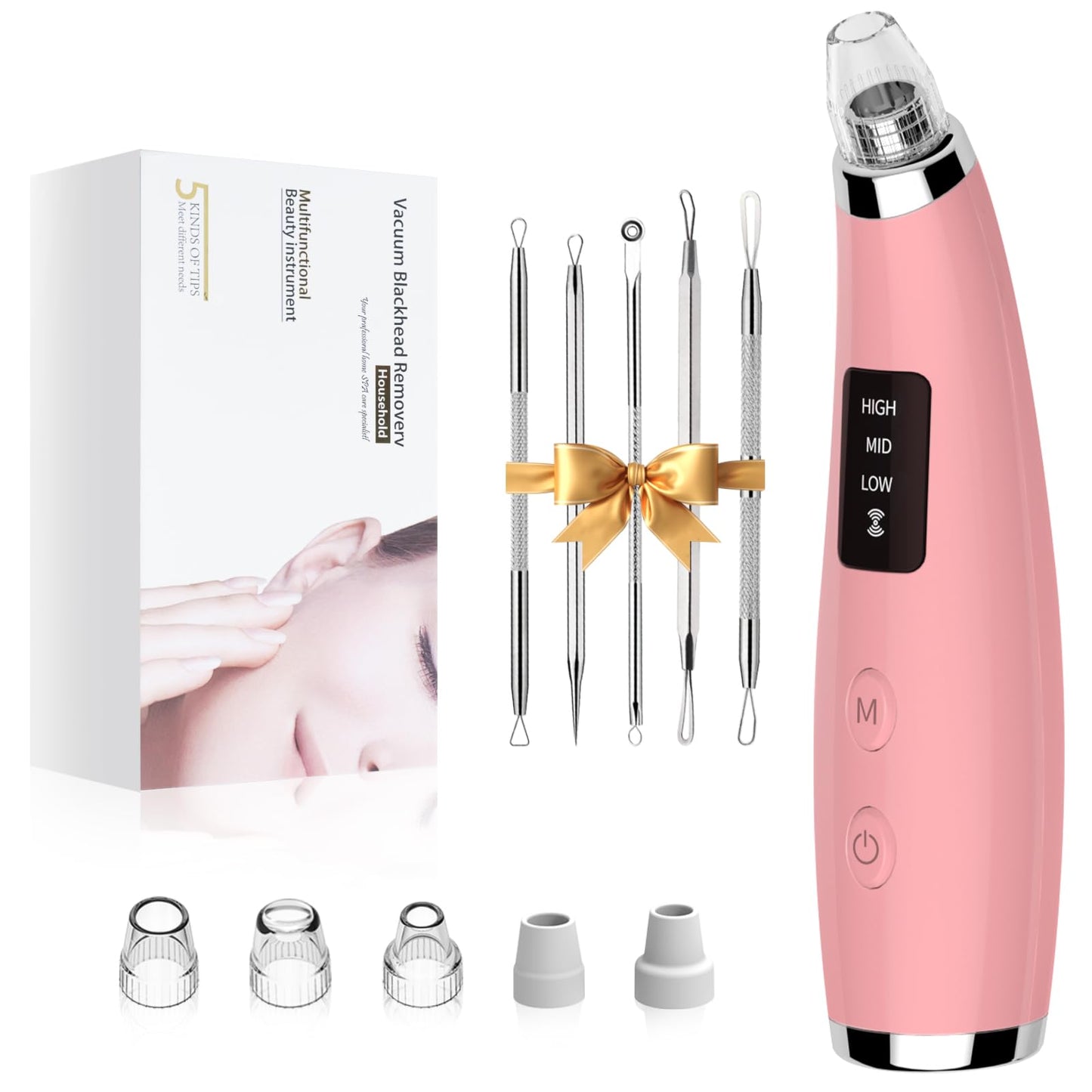 Facial Pore Blackhead Remover Vacuum - Face Cleaner and Blackhead Extractor with 3 Adjustable Suction Levels, 5 Probes, USB Charging Interface - Pore Vacuum Kit for Women&Men (Pink)