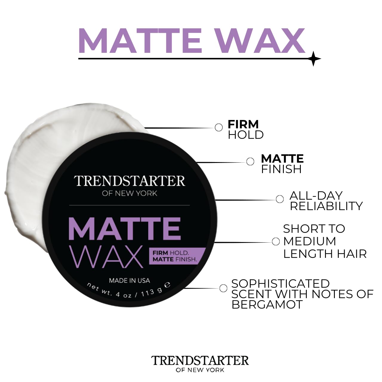 TRENDSTARTER Matte Wax - Firm Hold Hair Styling Pomade | 4oz Water-Based, Flake-Free Finish for All Hair Types