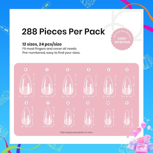 Beetles Soft Gel Nail Tips Short Almond 288pcs in 12 Sizes, Etch-X Pre-Etched Full Cover Acrylic Fake Nails Art, Salon Quality Nail Supplies, Easy DIY Nail Extension or Press On Nails, Gift for Women