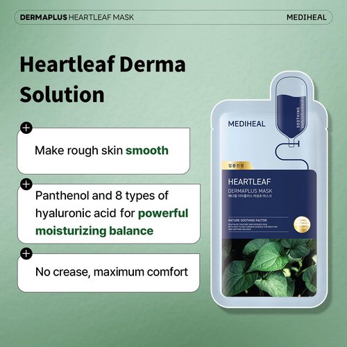 Mediheal Dermaplus Heartleaf Mask - Daily Vegan Soothing Sheet Mask with Panthenol & Hyaluron | 10 Counts