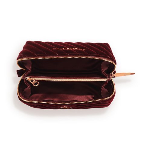 Charlotte Tilbury Travel Makeup Bag - Quilted Velvet Cosmetic Organizer with 5 Compartments & Zip Pocket | Iconic Night Crimson