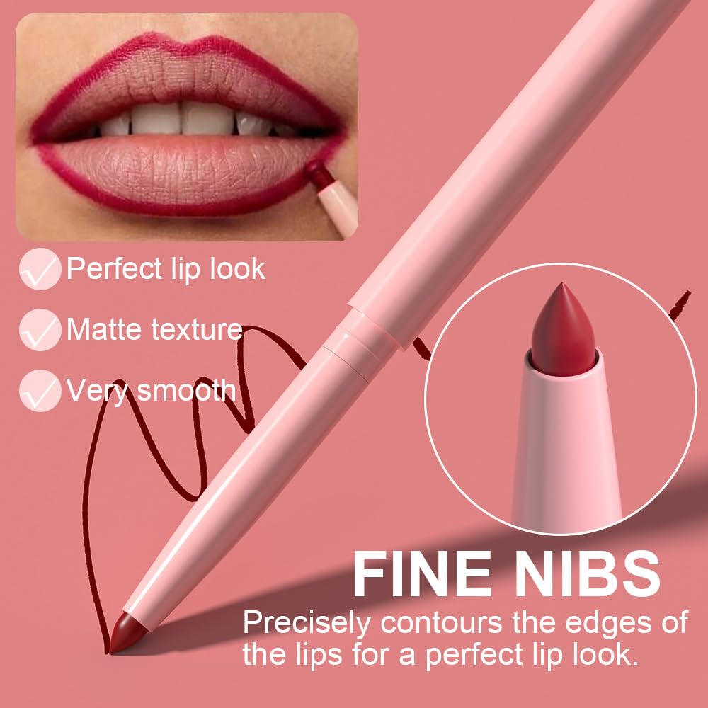 HHLTOH 6Pcs Retractable Lip Liner Pencils Set, Ruby Red Rose Nude Pink Plum Purple Taupe Brown Matte, Long-Lasting Non-Stick Cup Not Fade Waterproof Pigmented Velvet Lipgloss Kit Beauty Cosmetics. 02