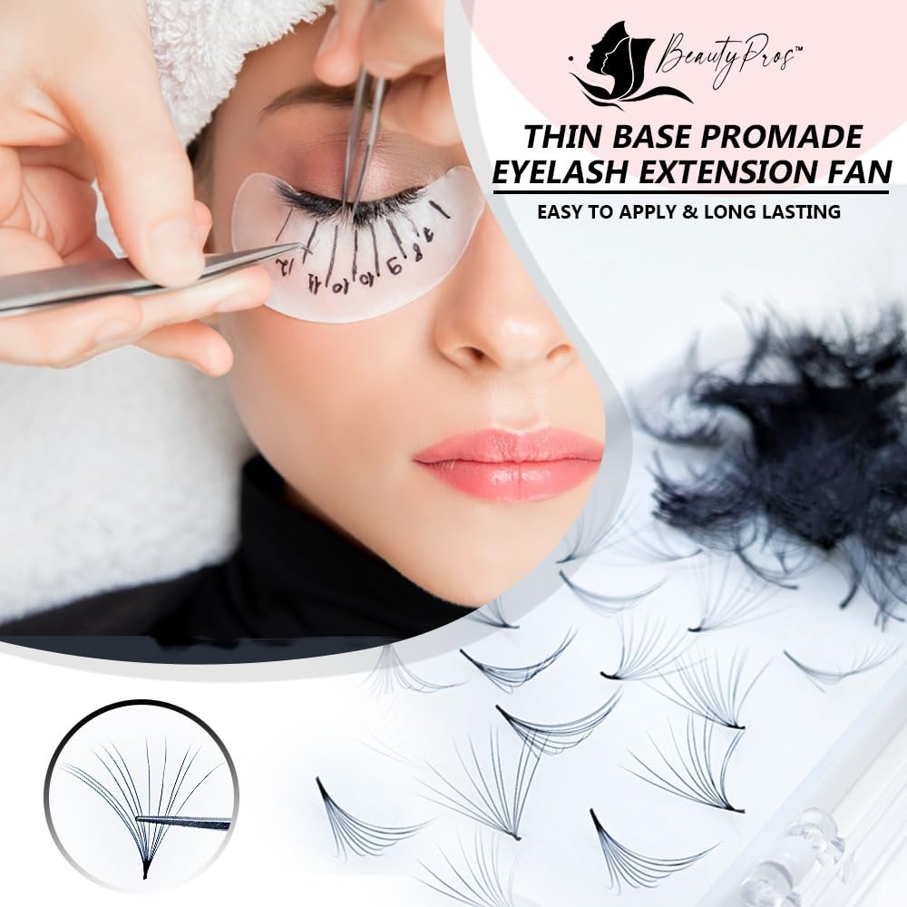 BeautyPros Professional Lash Extension Kit – Faux Mink Bundle 500 Lash Fans (8-17mm)- Premade Loose Fans base (0.05mm & 0.07mm) -Volume Lash Extensions Multiple Selection -Black (8D C Curl 17mm)