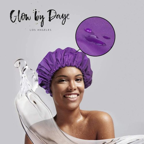 Glow by Daye Satin Lined Shower Cap - Adjustable Waterproof Design for Hair Protection | Large, Purple Rain