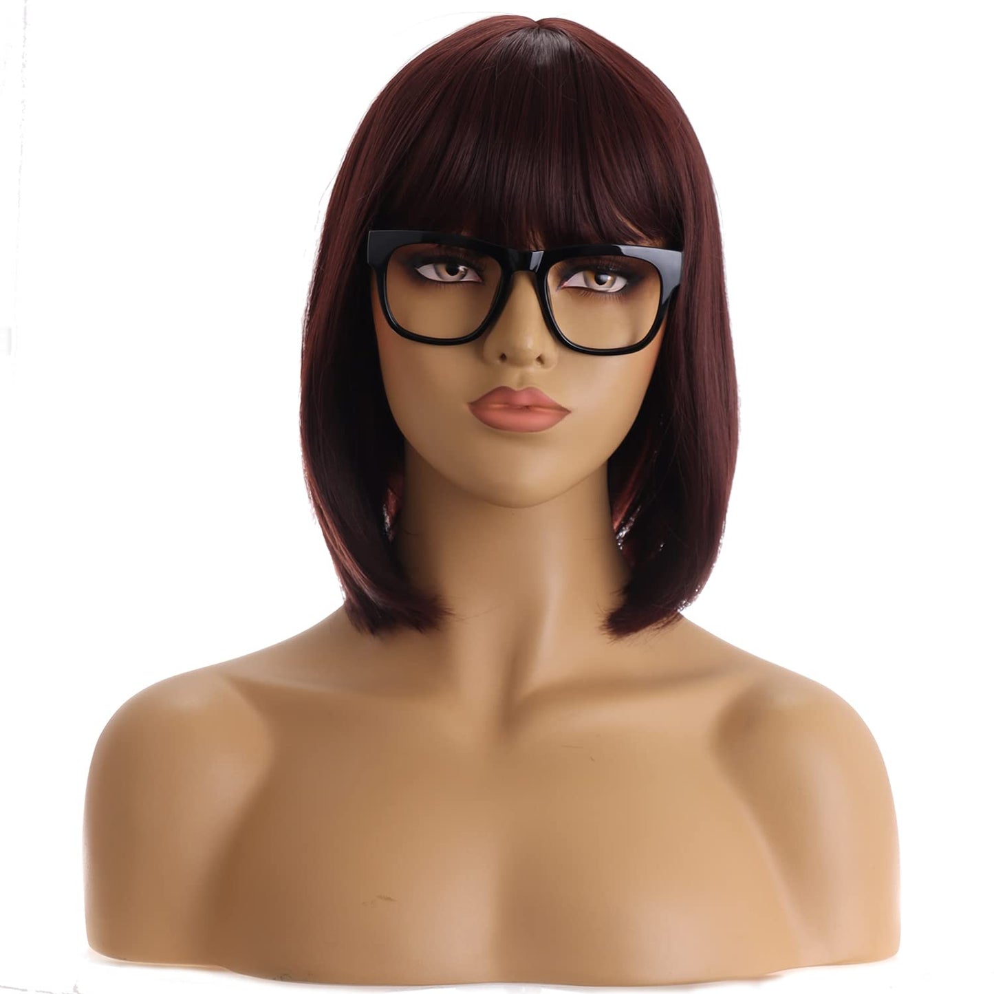 BERON 12 Inches Brown bob Wig with Glasses Short Straight Brown Wig with Bangs for Women Halloween Cosplay or Daily Use Wigs (Brown)