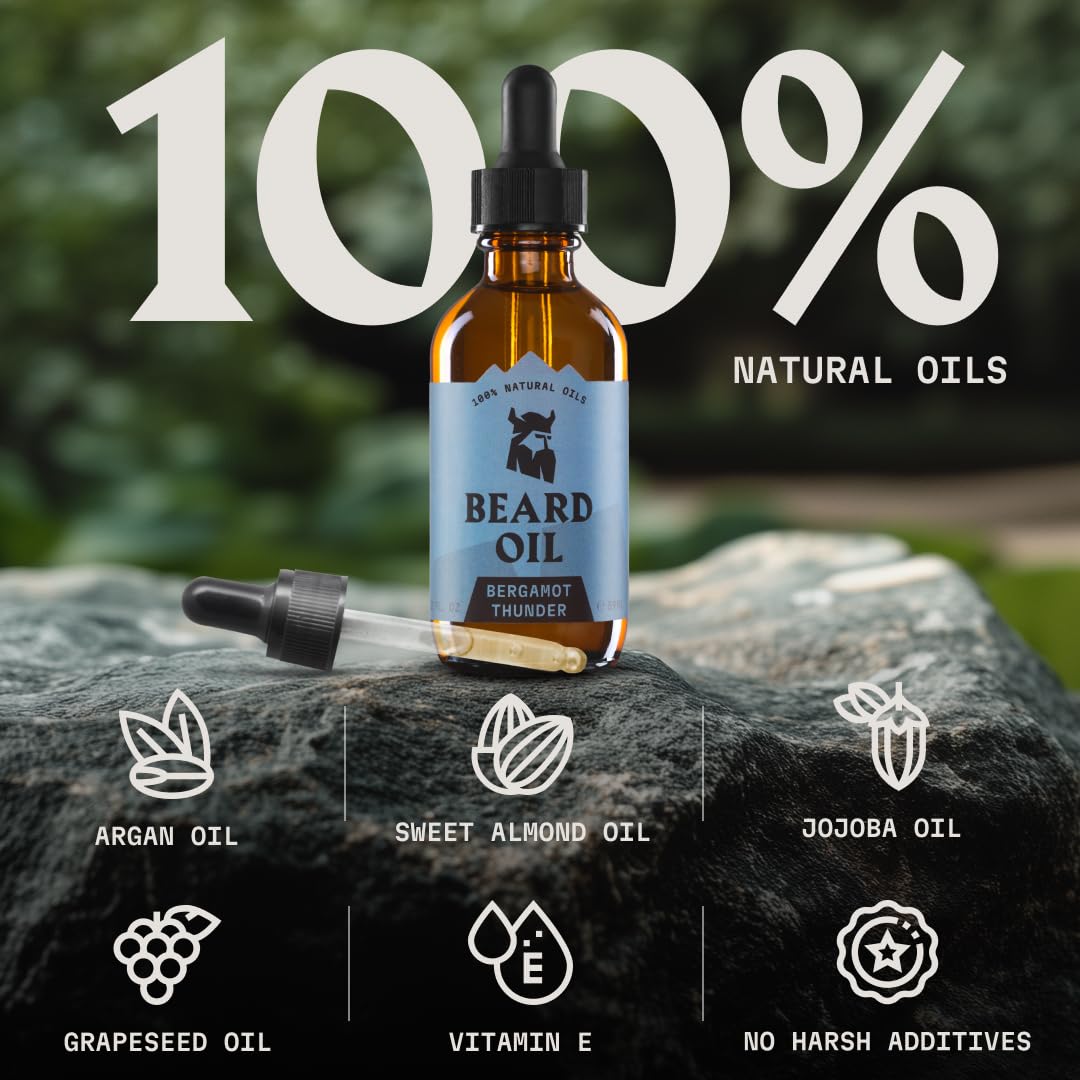 Striking Viking Beard Oil - Natural Conditioner with Almond, Tea Tree, Argan & Jojoba for Growth & Softening | 2 Fl Oz, Bergamot Thunder