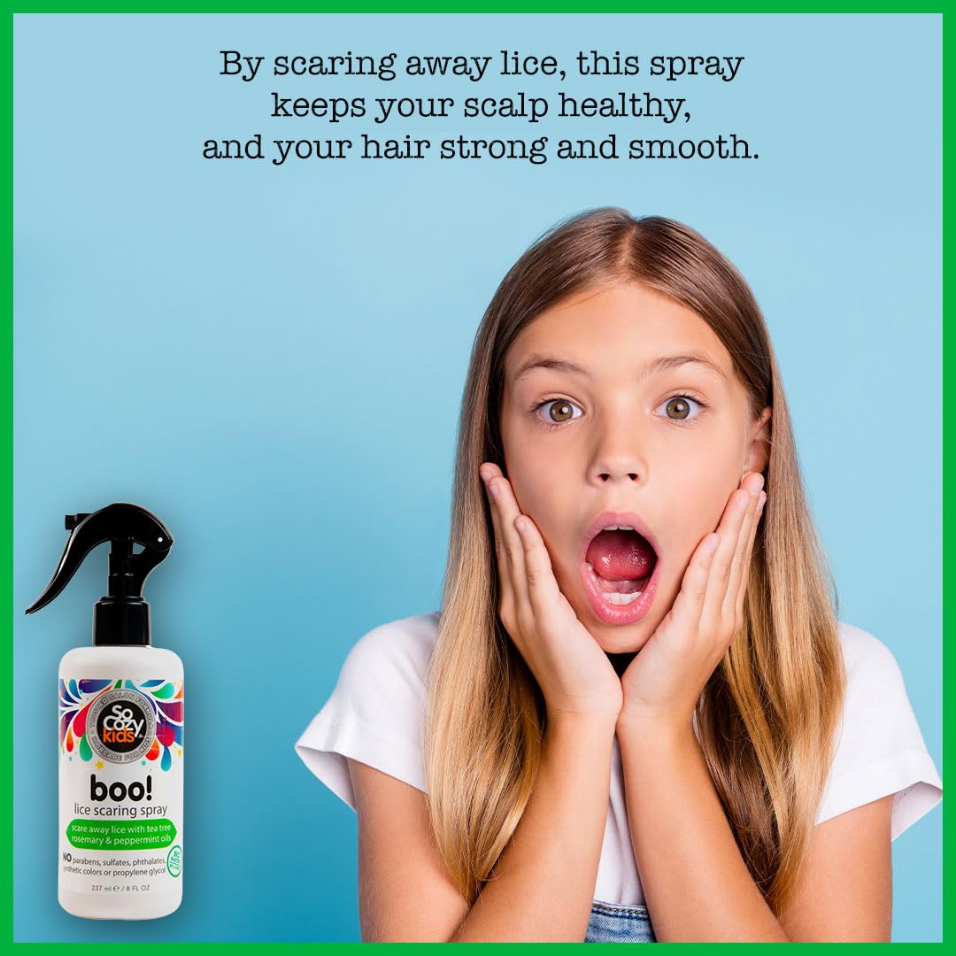 SoCozy Boo Lice Scaring Spray For Kids Hair, Effective Lice Treatment (8 Fl Oz) Clinically Proven to Repel Lice, Conditioning Spray with Tea Tree Oil, Rosemary Oil & Keratin, Paraben & Sulfate Free