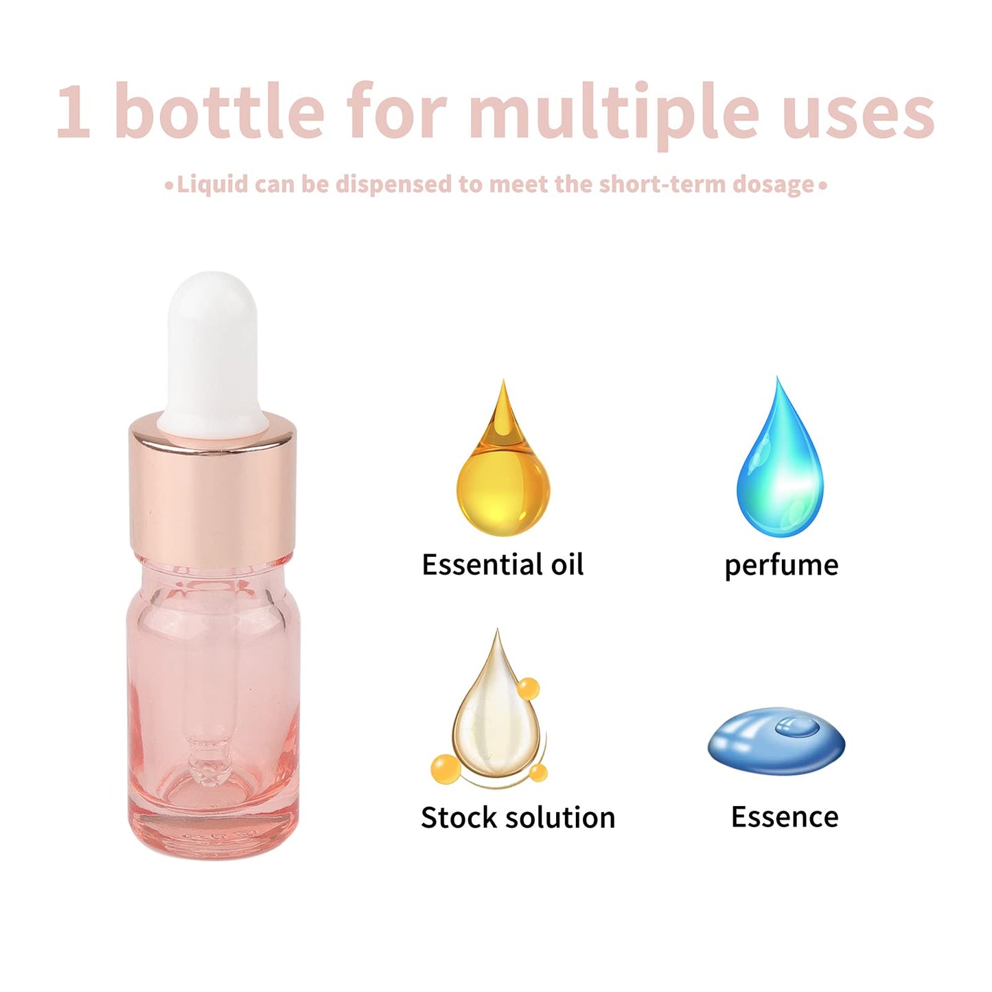 Kesell 8 Pack 5ml Pink Dropper Bottles, Empty Refillable Glass Sample Vials Essential Oils DIY Perfume Travel Container, With Rose-Gold Cap And 3 Funnels