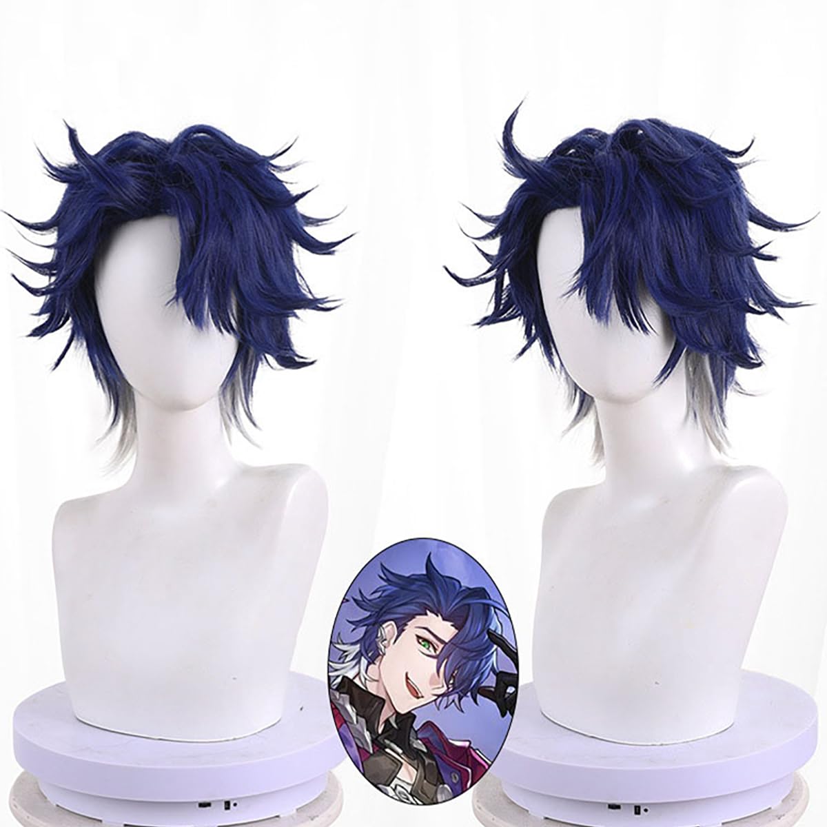 XiongXiongLe Game Honkai Star Rail Cosplay Sampo Dark Blue Short Curled Hair Replacement Wig for Women Girls Cos Party Halloween Christmas(Sampo)