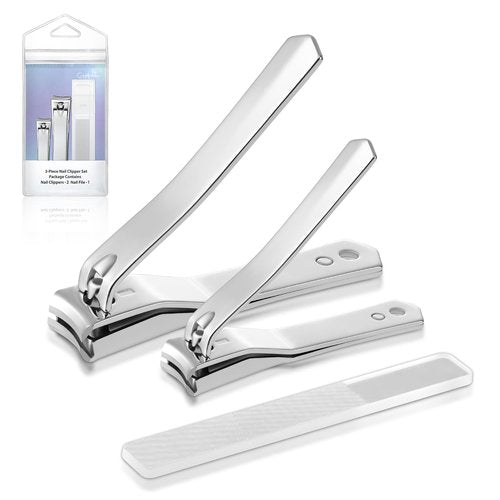 Nail Clipper Set with Catcher, 3-Piece Edgy Nail Clipper Kits, Premium Carbon Steel, Professional Finger and Toe Nail Clipper Set, A Separate Nano Glass Nail File Included, Travel Nail Clipper Kit