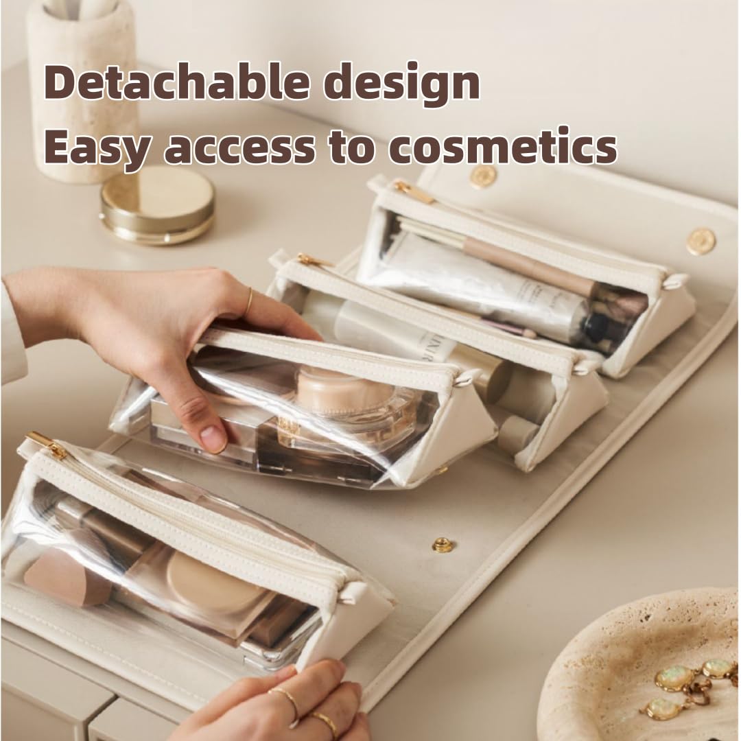 LuyaVogue Portable 4-in-1 Foldable Cosmetic Bag - Large Capacity, Waterproof Travel Makeup Organizer with Detachable Design (White)