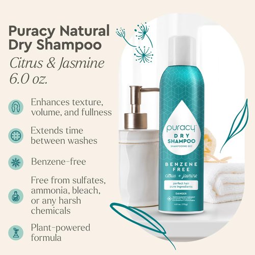 Puracy Natural Dry Shampoo - Plant-Powered Cleansing & Volumizing Formula | Benzene-Free, Non-Toxic, 6 oz (Citrus & Jasmine)