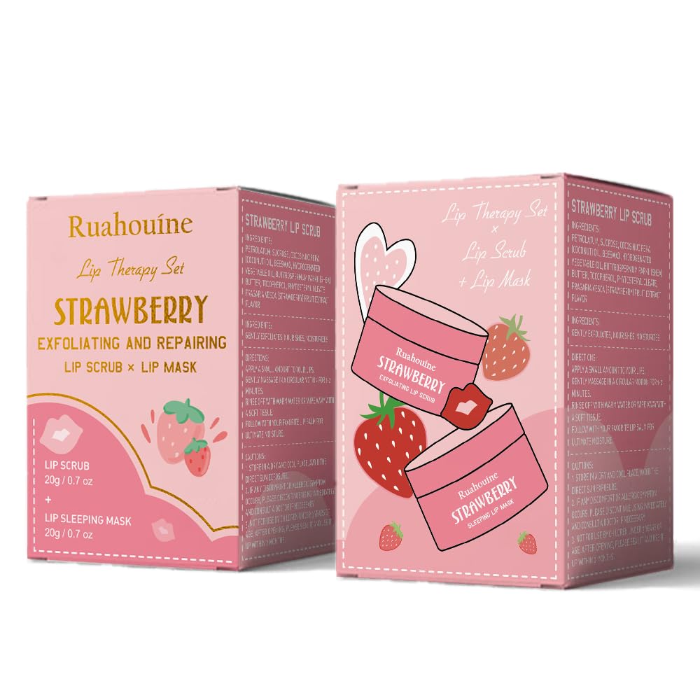 Strawberry Lip Scrub And Mask Set, Lip Scrub Kit, Lip Scrub Set, Sugar Lip Scrub Exfoliator, Lip Scrub For Dark Lips To Lighten, Lip Care Kit, Sleeping Lip Mask, Lip Mask Pack, 1.4 oz / 2-piece