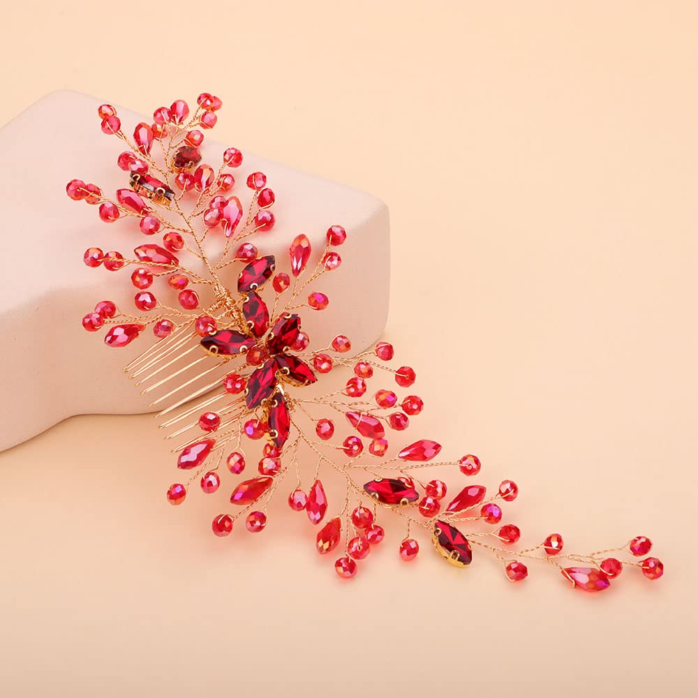 Teyglen Women Red Rhinestones Flower Bride Wedding Hair Comb Headband Handmade Hair Pieces Hair Accessories Shiny Crystals Bridal Side Hair Combs for Women Bride Girls