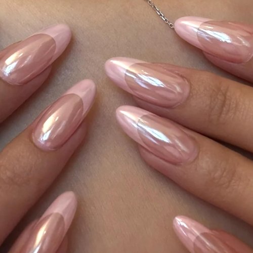 HOSAILY Pink Chrome French Press on Nails Medium Almond, 24Pcs Pink Aurora French Tips with Iridescent Shimmer Design Fake False Nails for women, Elegant Pretty Daily Wear for Old Money Chic