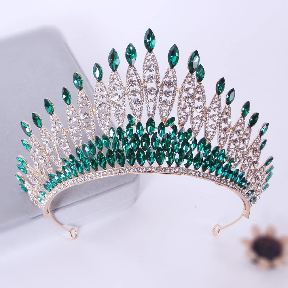 FASNAHOK Tall Green Crowns for Women Crystal Queen Crown 21 Birthday Headpieces for Girls Wedding Bridal Large Tiara with Rhinestone