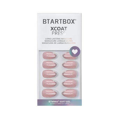 BTArtbox Press On Nails Almond - Blush Icicle, Lamp-Curable Cat Eye 3D Silver French Tip Short Press On Nails with Glue and Adhesive Tabs for Women in 16 Sizes - 32 Soft Gel Glue On Nails Kit