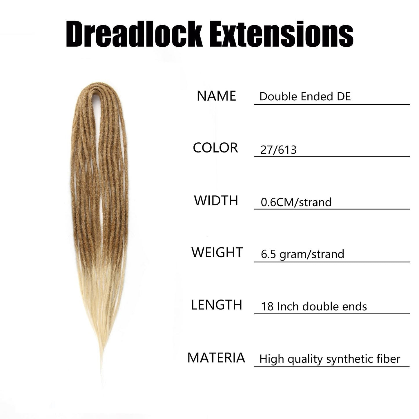 18 Inch Synthetic Double Dreadlock Extensions Reggae Hip-hop Style Extensions for Rock&Roll Hippie Dread Braids Hair (18"strands of 20, 27/613#)