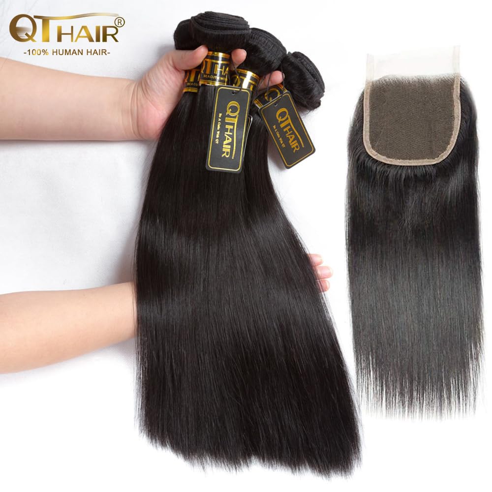 QTHAIR 14A Brazilian Virgin Hair Straight Human Hair with Closure (12 14 16+10Closure) 100% Unprocessed Straight Brazilian Virgin Hair Weave Natural Color Brazilian Straight Hair Bundles