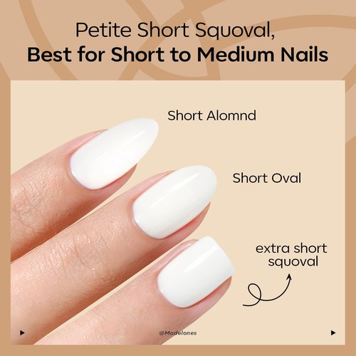 Modelones Extra Short Press on Nails, Milky White Squoval Fake Nails, Reusable Nail Kit with Nail Glue Adhesive Tabs Mini Nail File, Nails Press Ons 32Pcs 16 Sizes, Spring Women Girl Gift