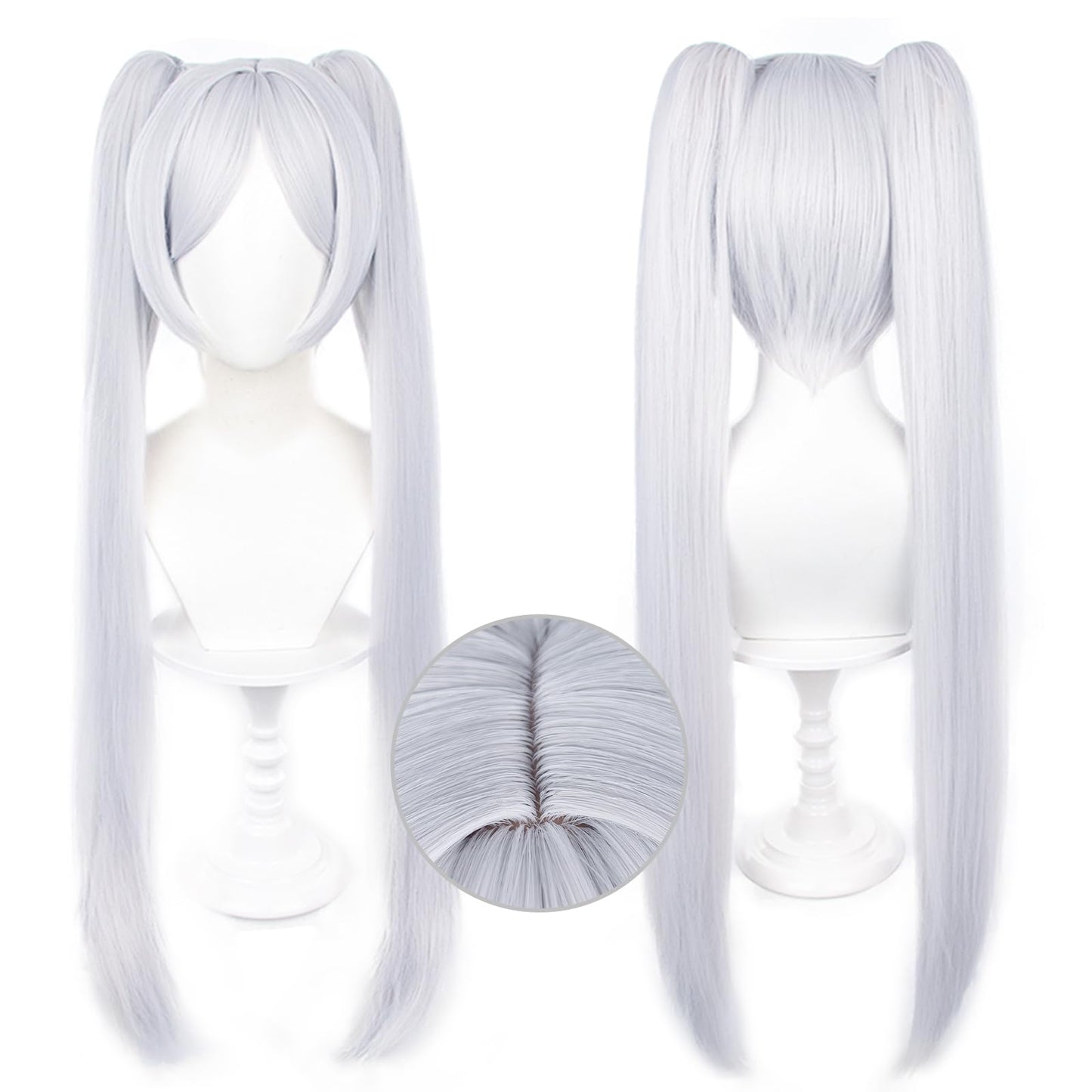 C-ZOFEK Cosplay Wig with Elf Ears Long Silver Wig Ponytails with Bangs for Halloween Costume Party (Silver)