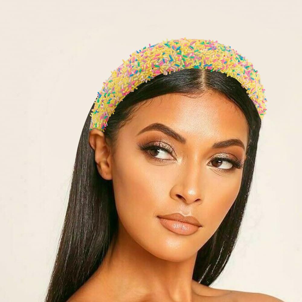 AHONEY 2 Pack Candy headband Thick Padded Headband for Women Girls, Cute Headbands Sprinkles Wide Head Band Non Slip Glitter Birthday Hair Accessories for Girls (Pink&Yellow)