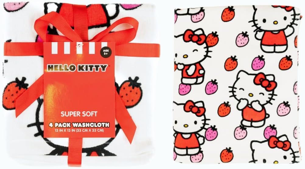Franco Hello Kitty Washcloths - 100% Cotton Super Soft Face Cloths for Makeup Removal | Cute Strawberry Design - 13” x 13”