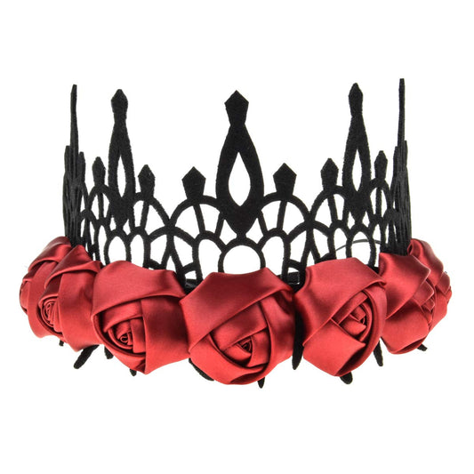 Love Sweety Halloween Vintage Crown Rose Headband Gothic Floral Headpiece (Satin Black and Red)