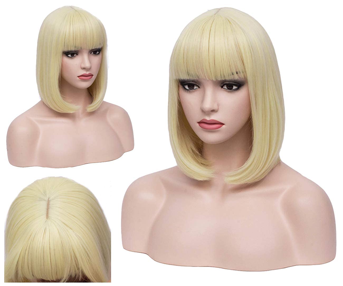 BERON 12 Inches Blonde Bob Wig Short Straight Blonde Wig with Bangs for Women Halloween Cosplay or Daily Use Wigs (Blonde)