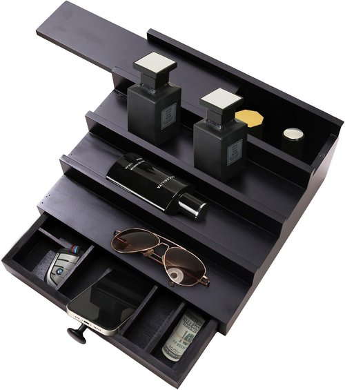 Regine Switzerland Cologne Organizer - 4-Tier Wooden Perfume Display Stand with Drawer & Hidden Compartment