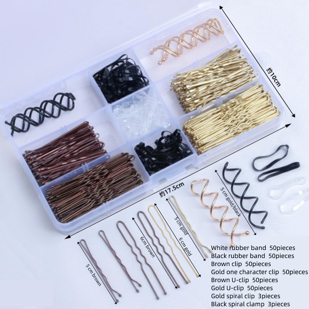 Anohuyho 357-piece hairclip organizer with 150 leather bands, 100 single clips, 100 U-clips, 6 (gold and black spiral clips) and box, perfect for hairdressing, dancing and traveling