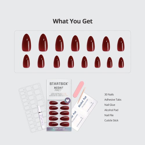 BTArtbox Press On Nails Almond - Lamp-Curable Dark Red Medium Press On Nails with Glue for Women, Semi-Transparent Soft Gel Glue On Nails in 16 Sizes - 32 Stick On Nails Kit, Blackout