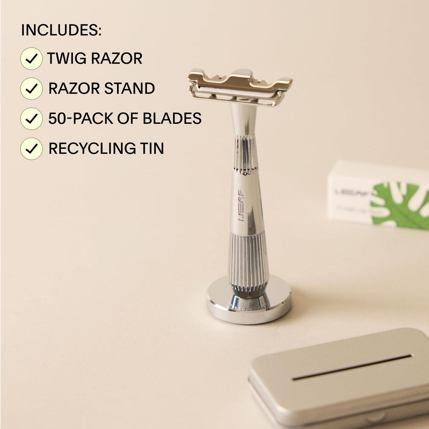 Leaf Shave | The Twig Razor Set, Silver - Includes Twig Razor, Matching Stand, 50-Pack of Single-Edge Blade Refills, and Blade Bank