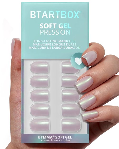 BTArtbox Press On Nails Short - Pearlescent Glitter Square Press On Nails with Glue for Women, Opaque Soft Gel Glue On Nails in 16 Sizes - 32 Stick On Nails Kit, Screaming Silver