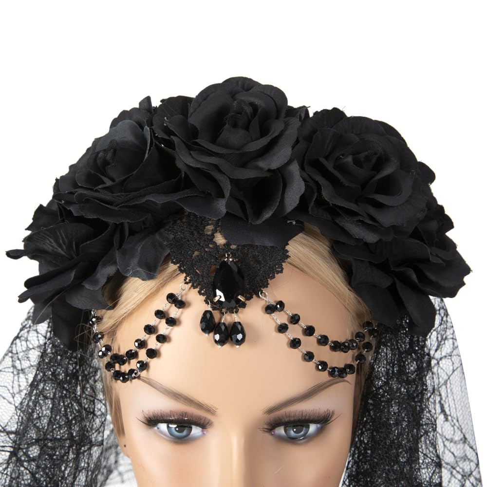 Bubbmi Black Mexican Flower Crown Headband with Veil, Day of the Dead Masquerade Party Festival Headwear for Women Girls, Dia De Los Muertos Hairhoop (Mexican J)