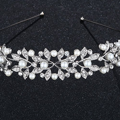 Wedding Rhinestone Headband, Crystal and Faux Pearl Crown for Bride Bridesmaids Tiara Hairband Simple Design Daily hair accessories (Silver A)